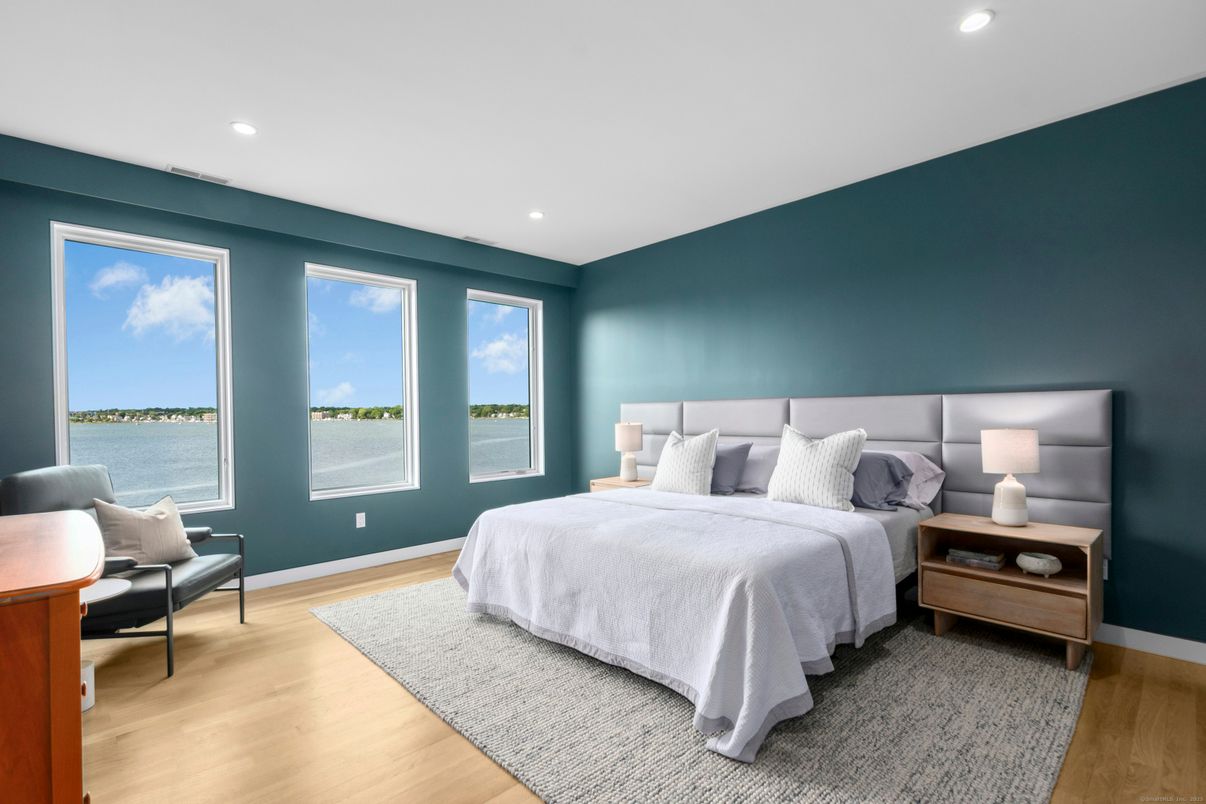 Bedroom, Interior, Recessed Lighting, Water, Wood Texture Flooring