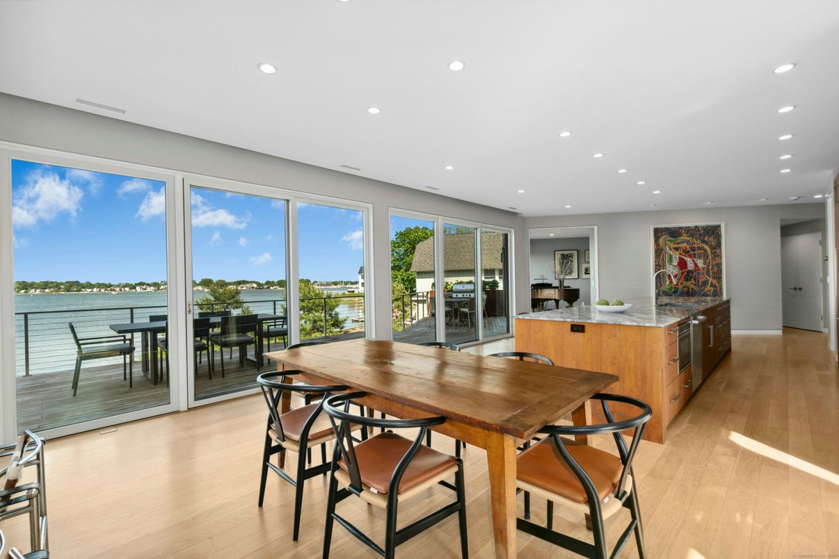 Dining room, Interior, Kitchen, Recessed Lighting, Water, Wood Texture Flooring