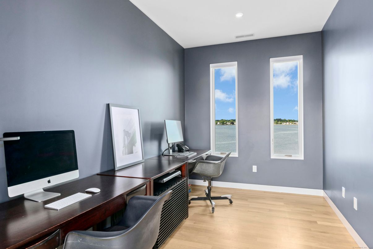 Home Office, Interior, Recessed Lighting, Water, Wood Texture Flooring