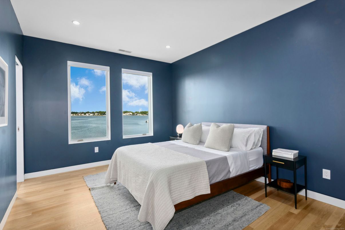 Bedroom, Interior, Recessed Lighting, Water, Wood Texture Flooring