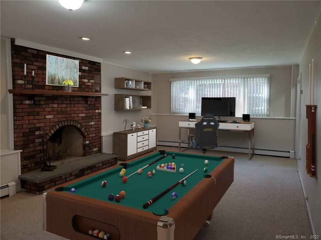 Billiard Table, Fireplace, Game Room, Interior, Recessed Lighting, Stone Walls