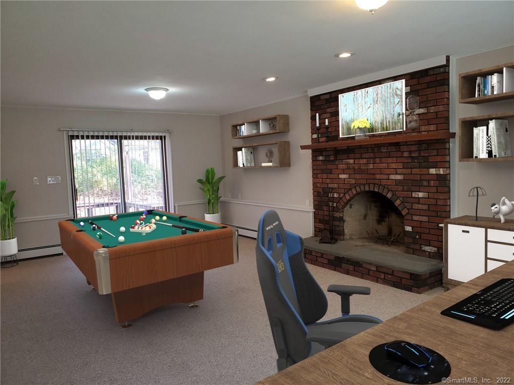 Billiard Table, Fireplace, Game Room, Interior, Recessed Lighting, Stone Walls