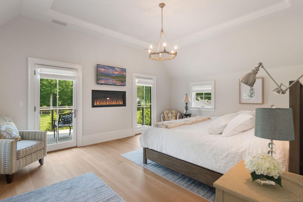 Bedroom, Fireplace, Interior, Pendant Lights, Wood Texture Flooring