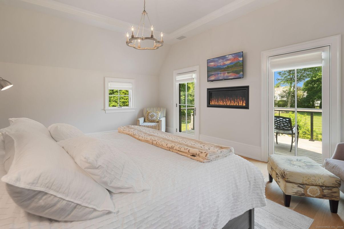 Bedroom, Fireplace, Interior, Pendant Lights, Wood Texture Flooring