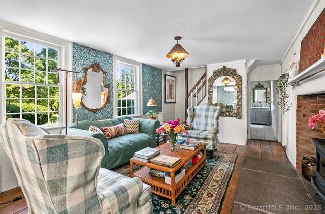 Fireplace, Interior, Living room, Stone Walls, Wood Texture Flooring
