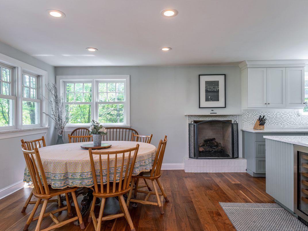 Dining room, Fireplace, Interior, Kitchen, Recessed Lighting, Wood Texture Flooring