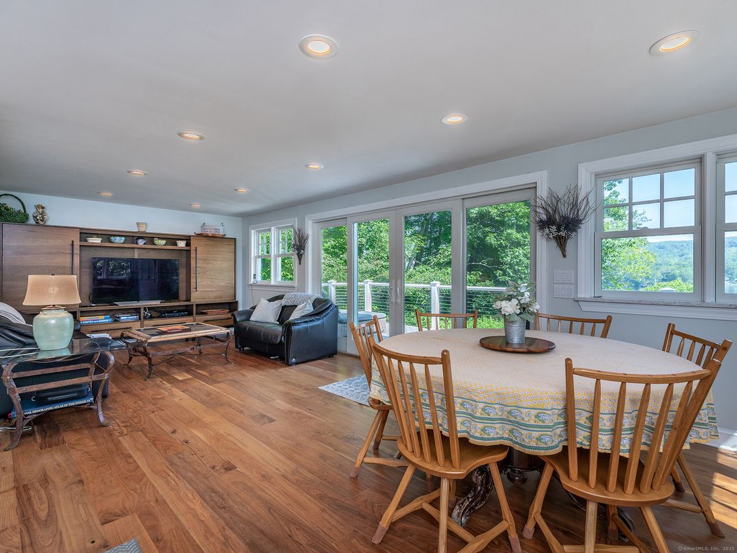 Dining room, Interior, Living room, Recessed Lighting, Wood Texture Flooring
