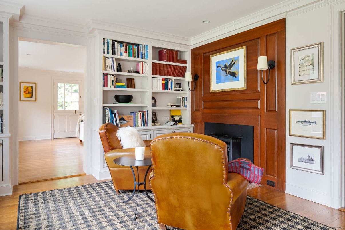 Fireplace, Home Office, Interior, Recessed Lighting, Wood Texture Flooring, Wooden Walls