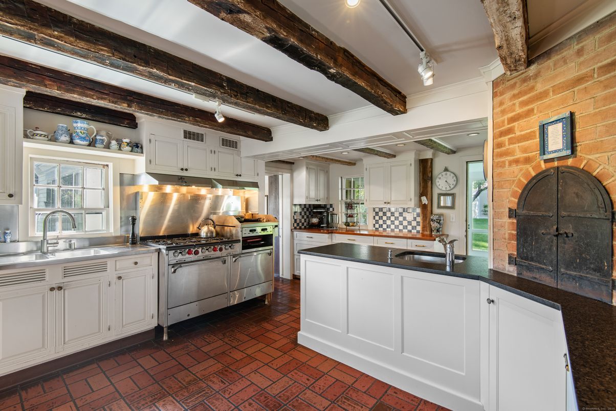 Interior, Kitchen, Recessed Lighting, Stainless Steel Appliances, Stone Walls, Wooden Beams
