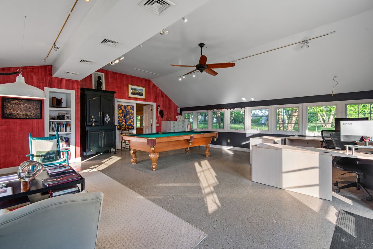 Billiard Table, Fireplace, Game Room, Interior, Recessed Lighting, Wooden Walls