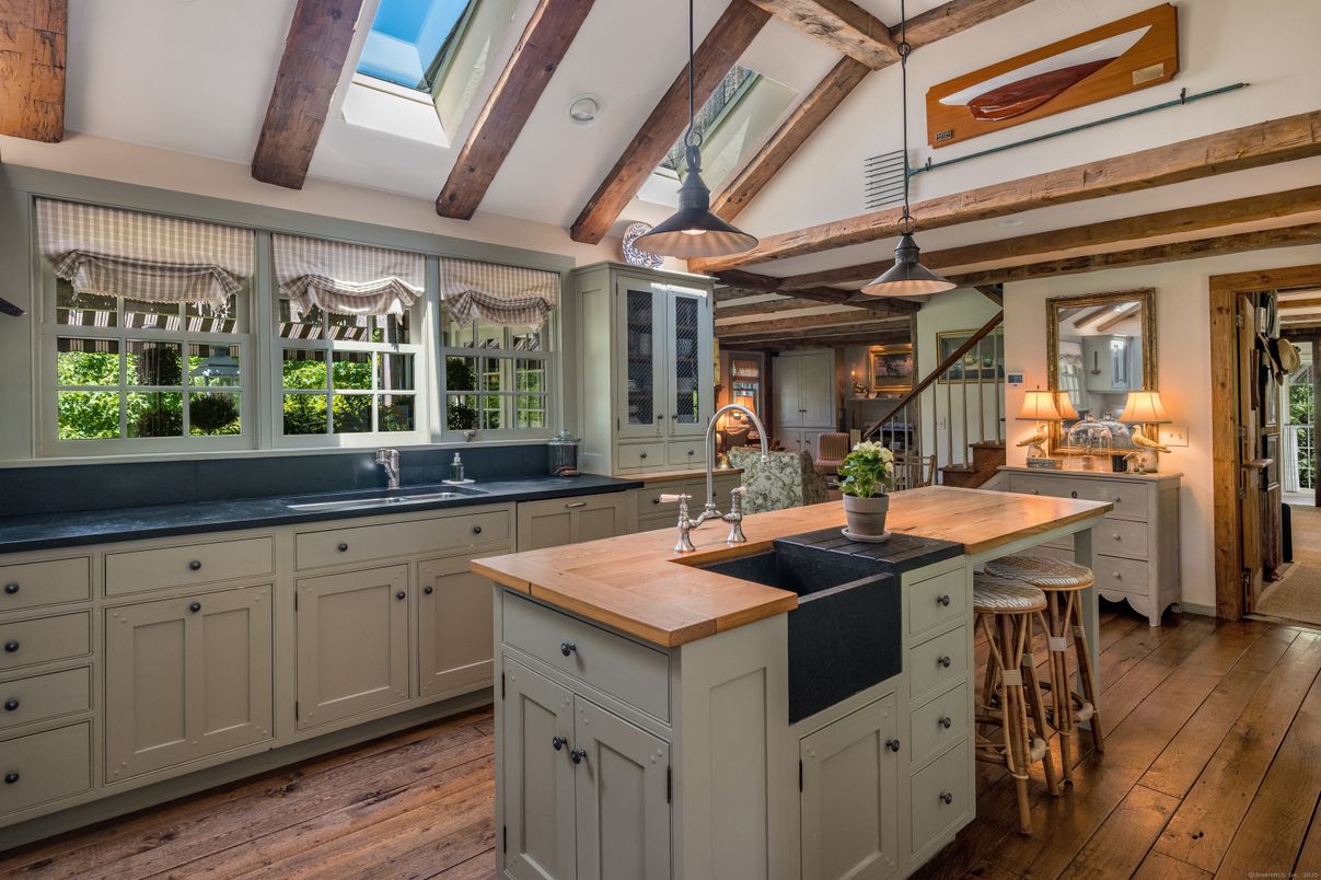 Interior, Kitchen, Pendant Lights, Wooden Beams, Wood Texture Flooring