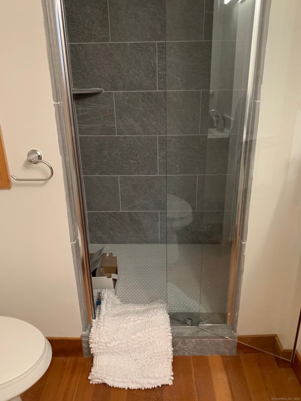 Bathroom, Glass Shower, Interior, Wood Texture Flooring