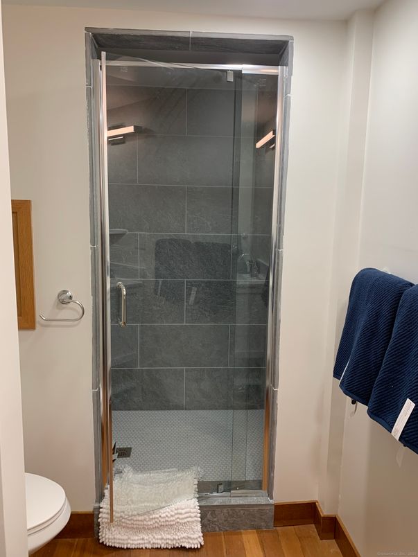 Bathroom, Glass Shower, Interior, Wood Texture Flooring