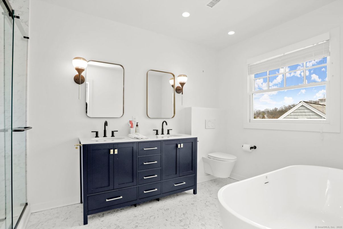 Bathroom, Dual Sink Vanities, Free Standing Baths, Interior, Marble, Recessed Lighting