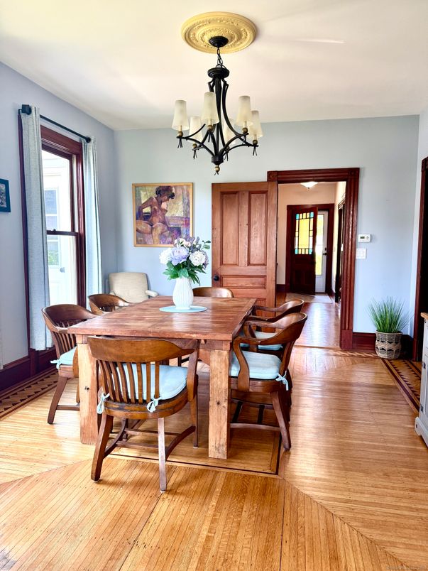 Chandelier, Dining room, Interior, Wood Texture Flooring
