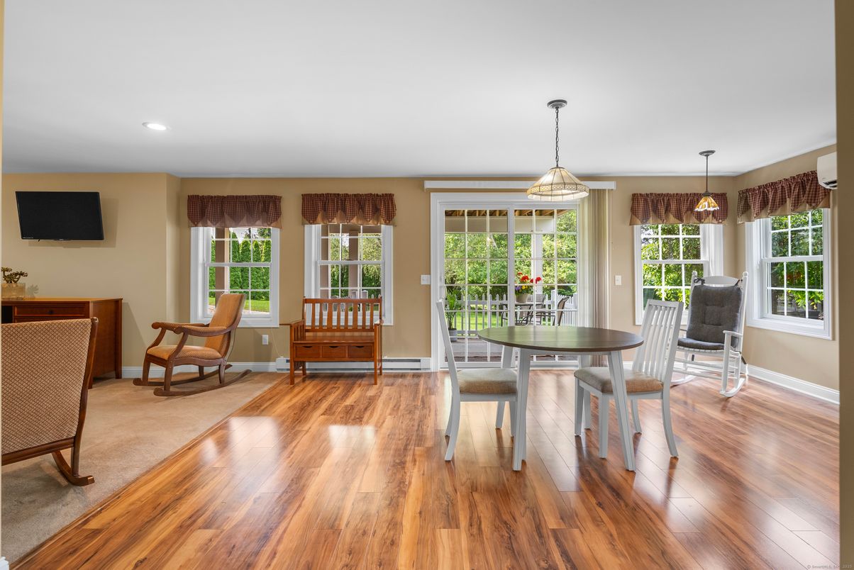 Dining room, Interior, Pendant Lights, Recessed Lighting, Wood Texture Flooring