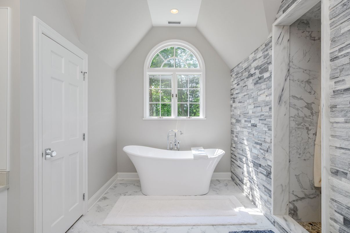 Bathroom, Free Standing Baths, Interior, Marble, Marble Walls, Recessed Lighting