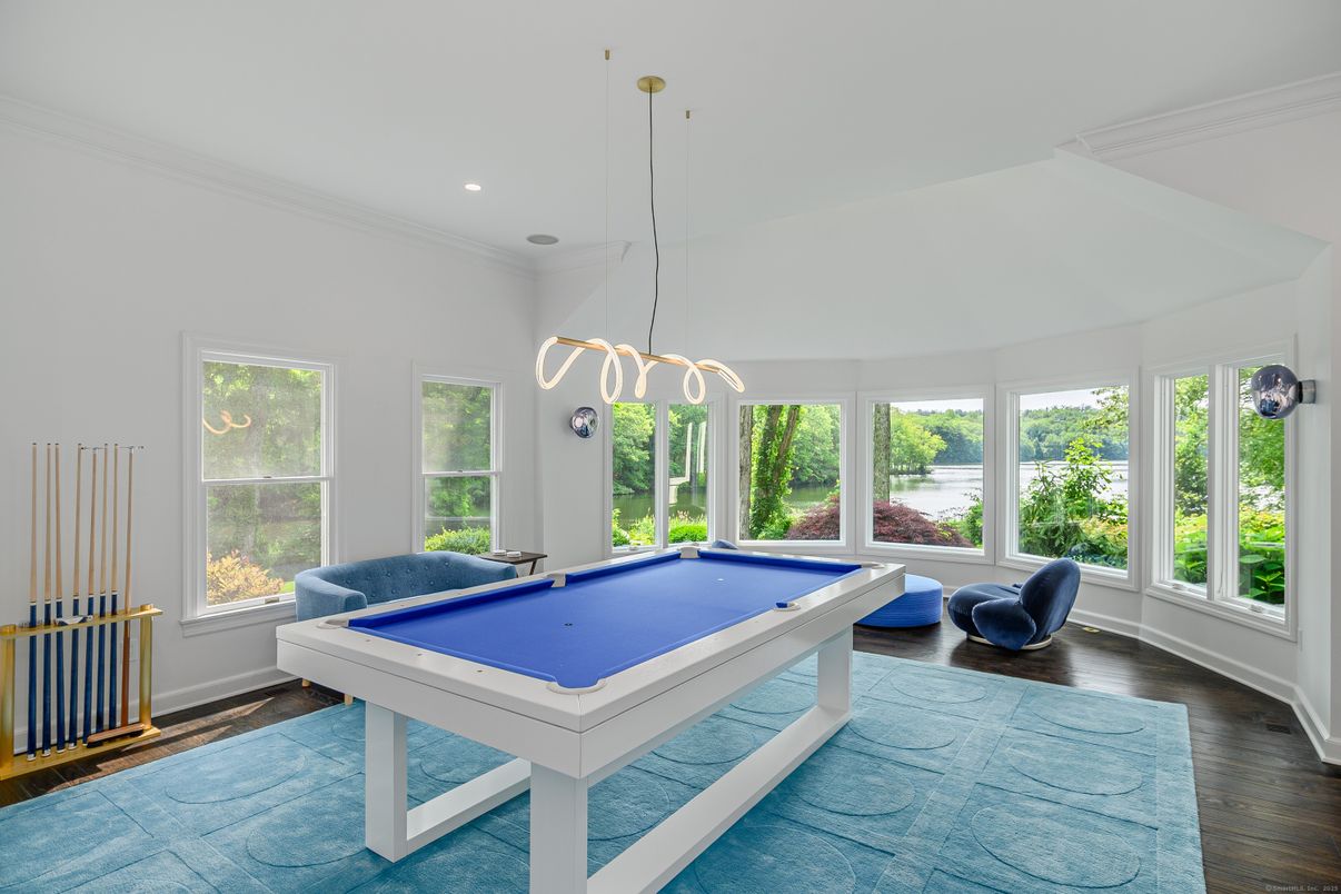 Billiard Table, Game Room, Interior, Pendant Lights, Recessed Lighting, Wood Texture Flooring