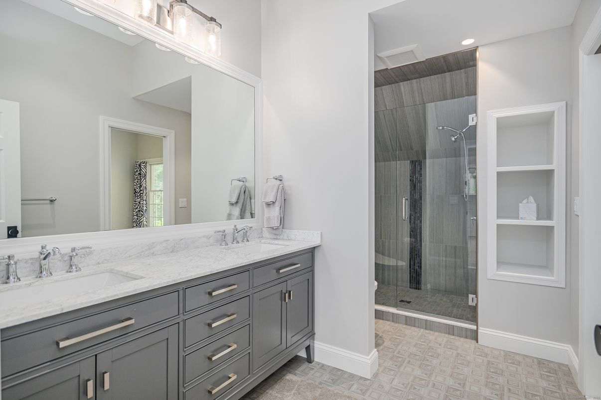 Bathroom, Dual Sink Vanities, Glass Shower, Interior, Recessed Lighting