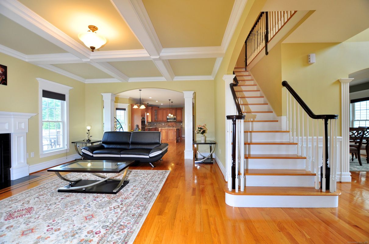 Fireplace, Interior, Living room, Pendant Lights, Wood Texture Flooring