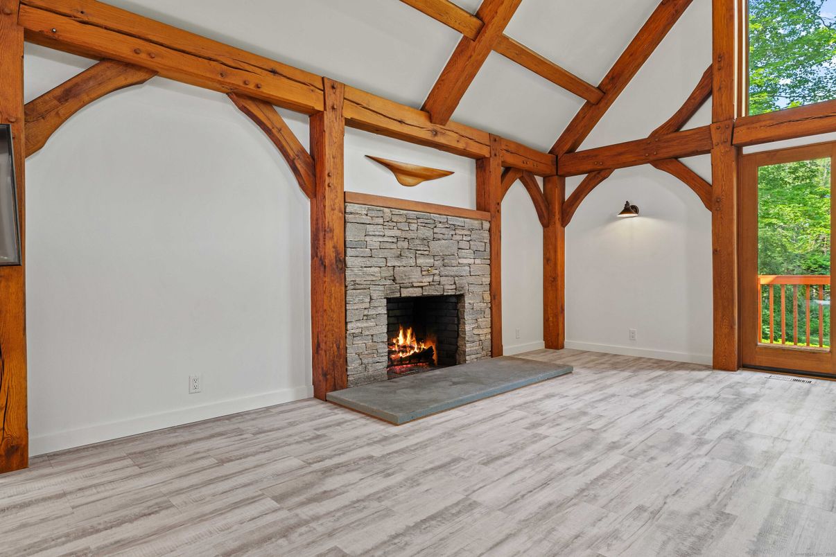 Empty room, Fireplace, Interior, Wooden Beams, Wood Texture Flooring