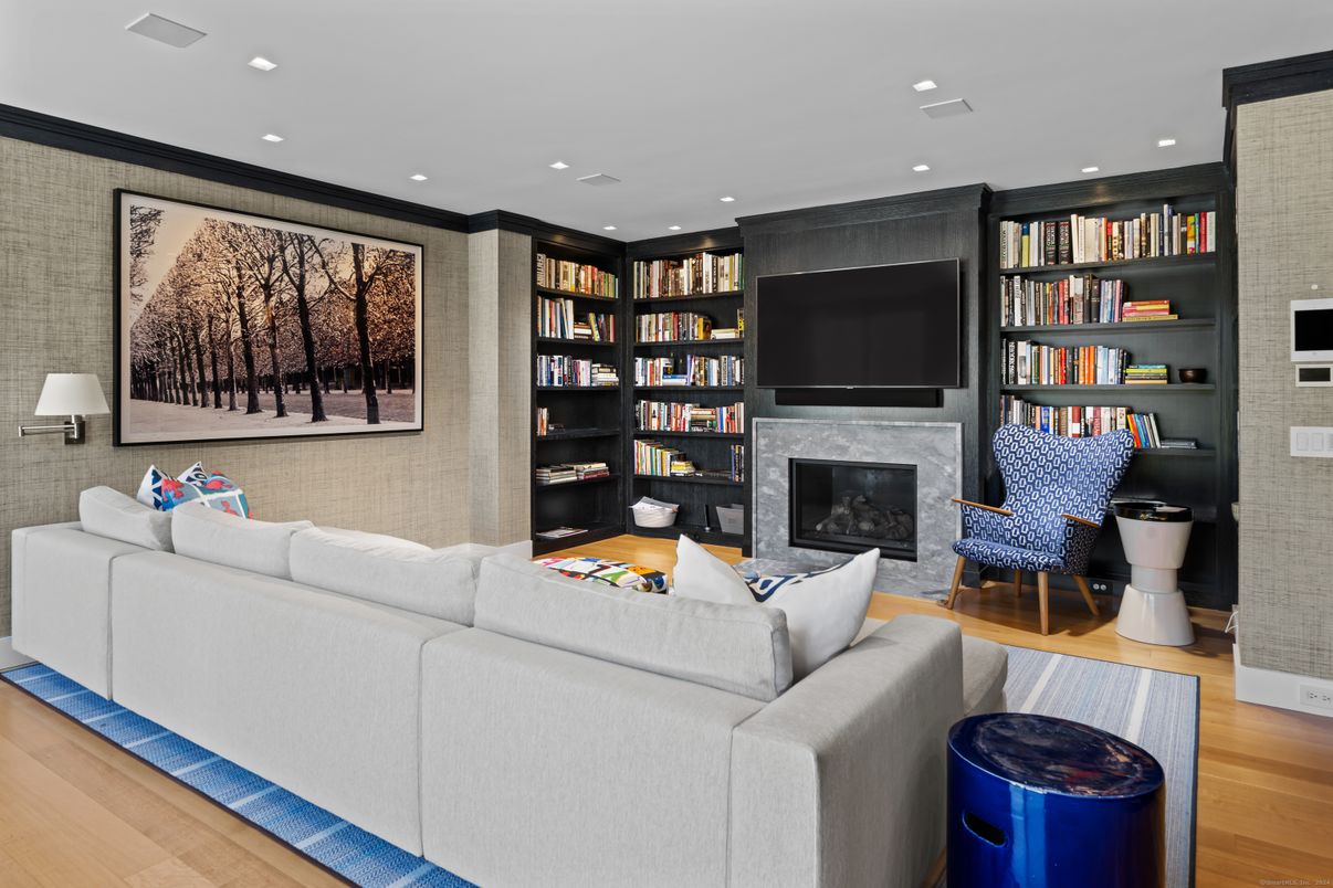 Fireplace, Interior, Living room, Recessed Lighting, Wood Texture Flooring