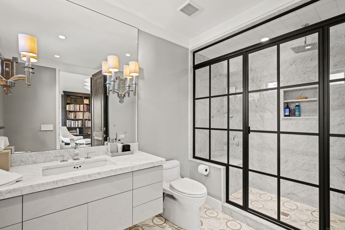 Bathroom, Glass Shower, Interior, Marble Walls, Recessed Lighting