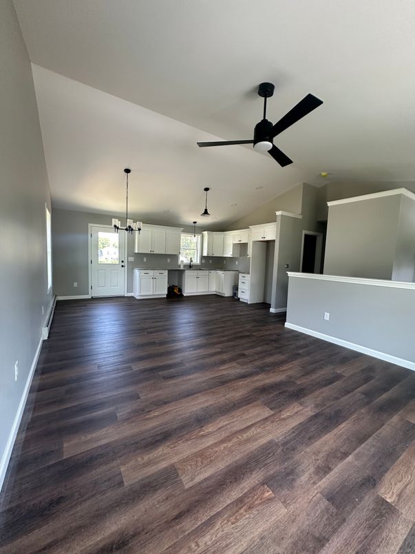 Empty room, Interior, Kitchen, Pendant Lights, Wood Texture Flooring