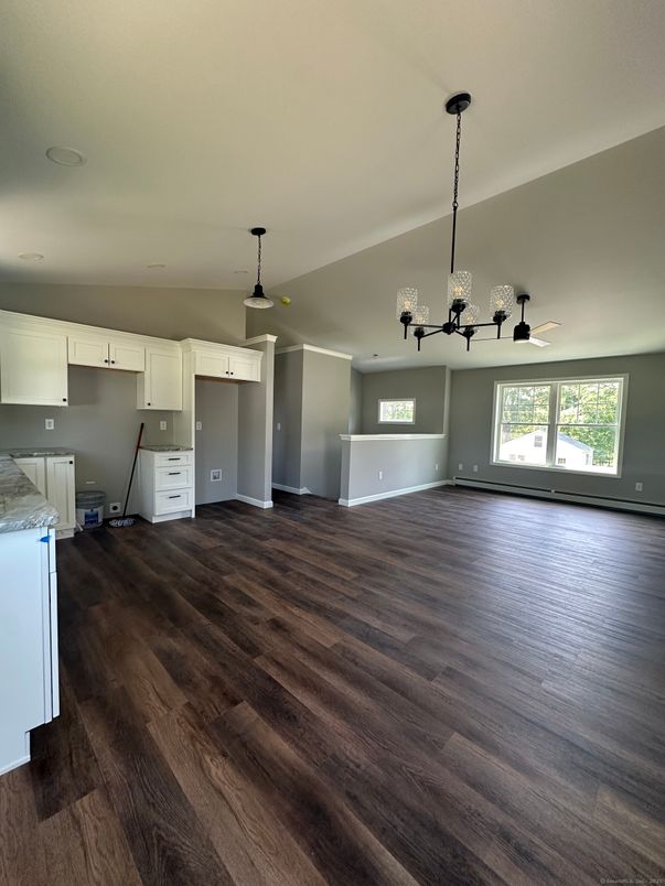 Chandelier, Empty room, Interior, Kitchen, Pendant Lights, Recessed Lighting, Wood Texture Flooring