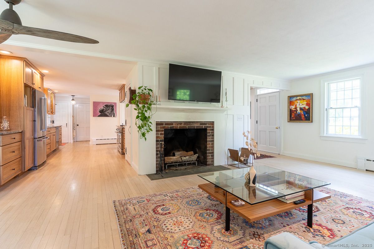 Fireplace, Interior, Kitchen, Living room, Wood Texture Flooring