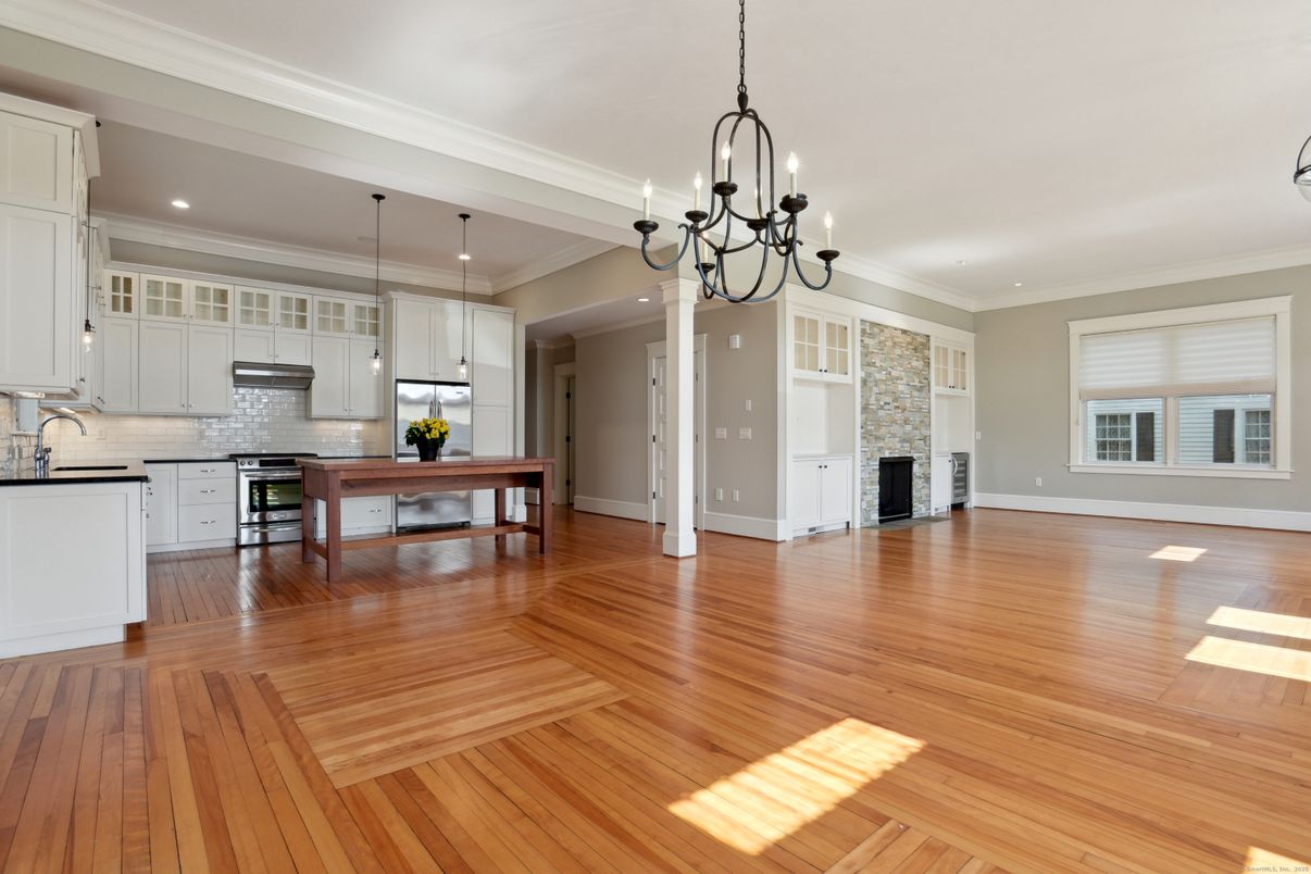 Chandelier, Interior, Kitchen, Pendant Lights, Recessed Lighting, Wood Texture Flooring