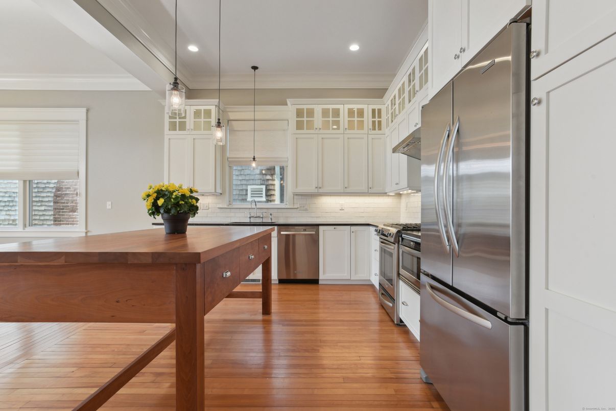 Interior, Kitchen, Pendant Lights, Recessed Lighting, Stainless Steel Appliances, Wood Texture Flooring