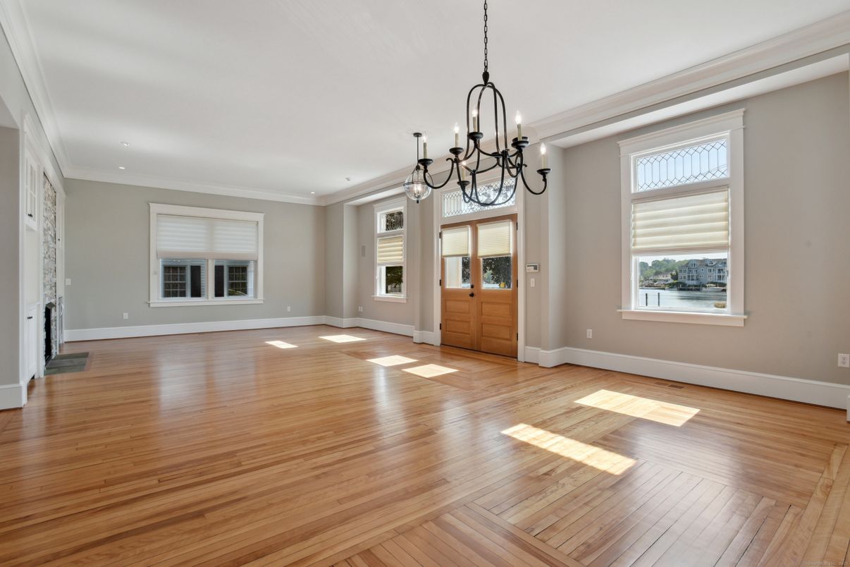 Chandelier, Empty room, Interior, Recessed Lighting, Wood Texture Flooring