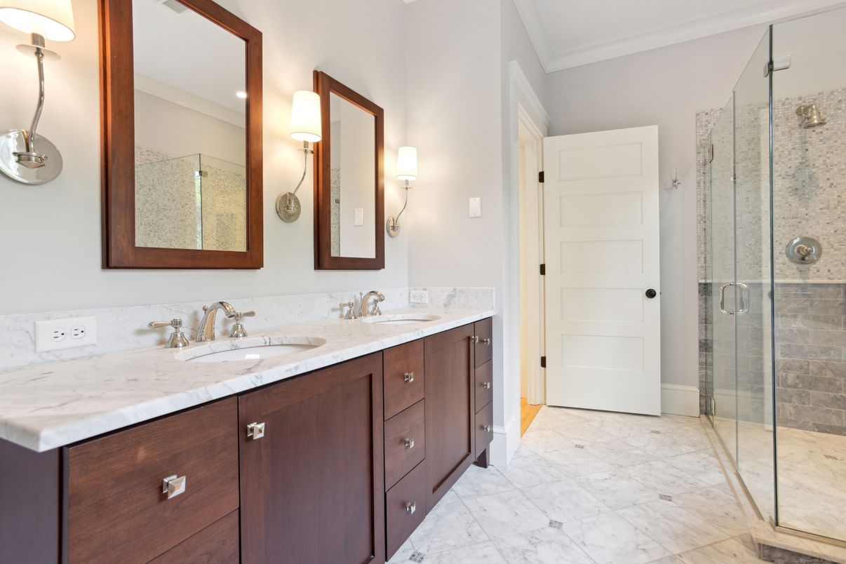Bathroom, Dual Sink Vanities, Glass Shower, Interior, Marble, Recessed Lighting