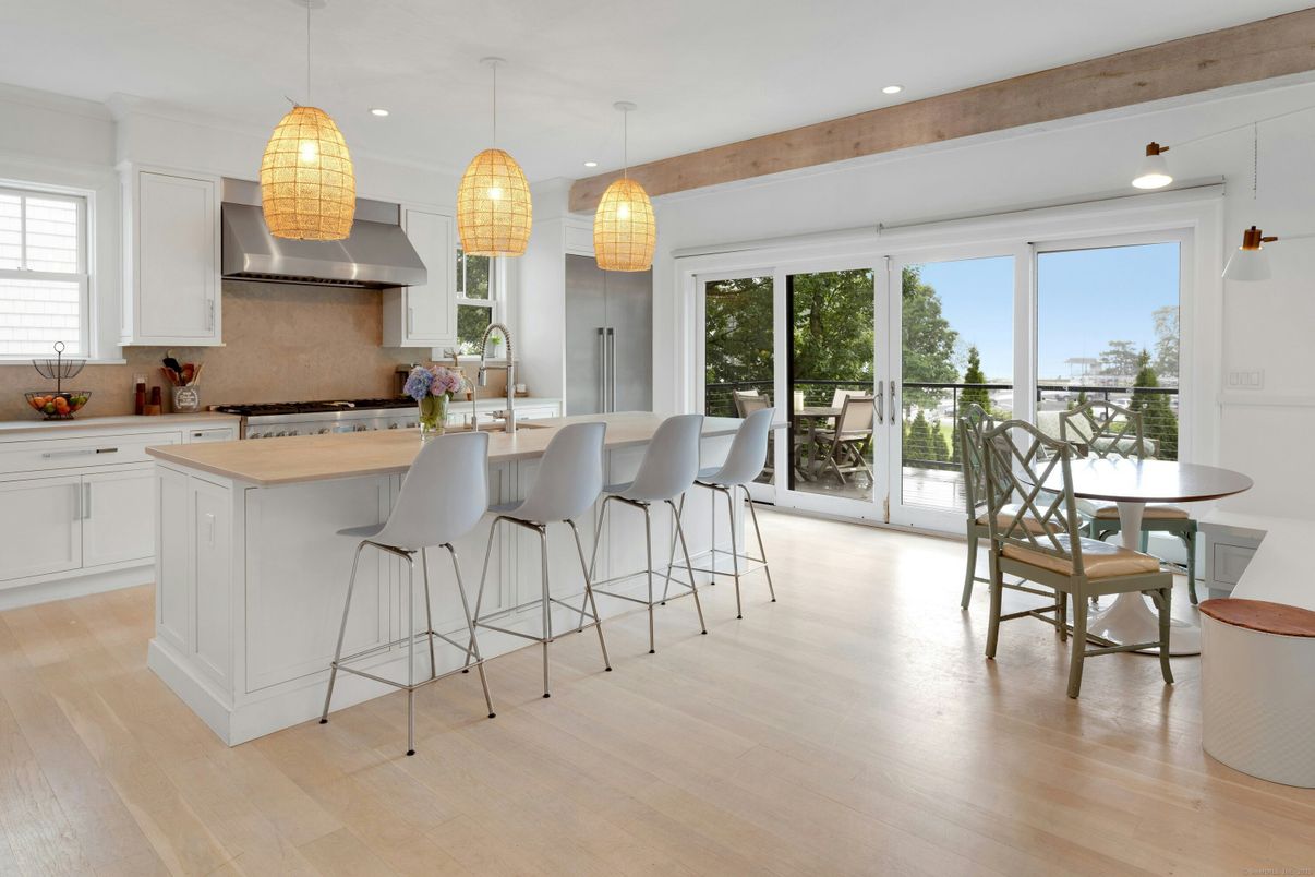 Dining room, Interior, Kitchen, Pendant Lights, Recessed Lighting, Stainless Steel Appliances, Wooden Beams, Wood Texture Flooring
