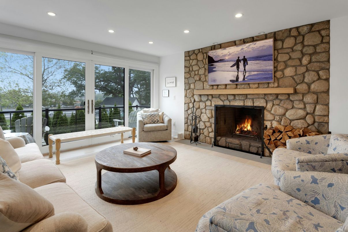 Fireplace, Interior, Living room, Recessed Lighting, Stone Walls