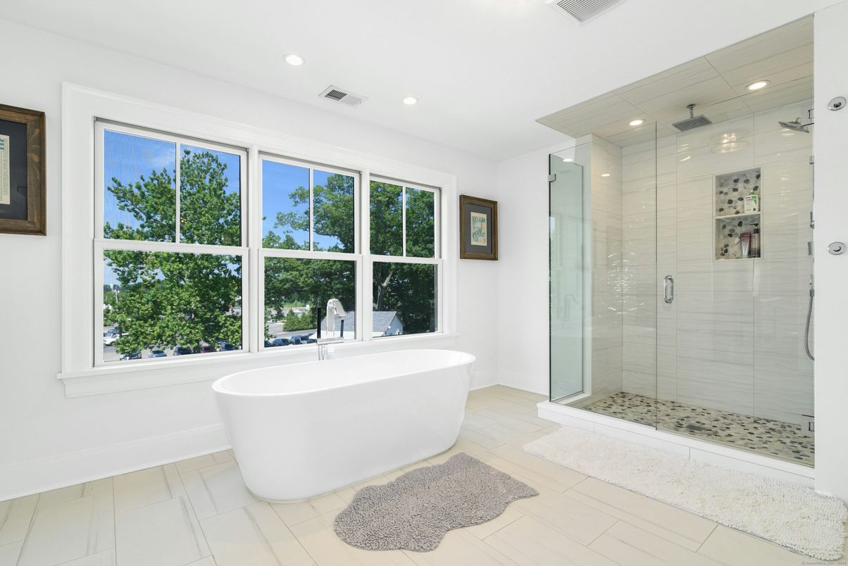 Bathroom, Free Standing Baths, Glass Shower, Interior, Recessed Lighting
