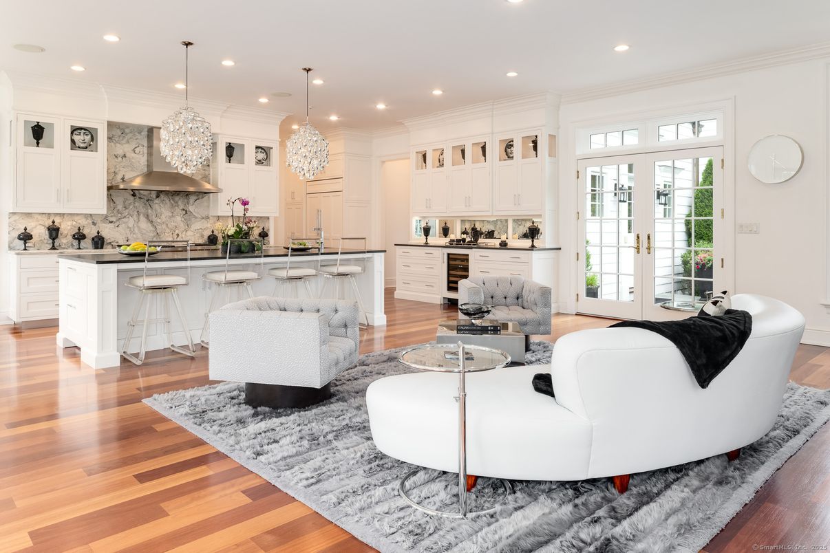 Interior, Kitchen, Living room, Marble Walls, Pendant Lights, Recessed Lighting, Wood Texture Flooring