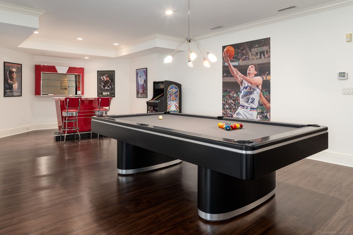 Billiard Table, Game Room, Interior, Pendant Lights, Recessed Lighting, Wood Texture Flooring
