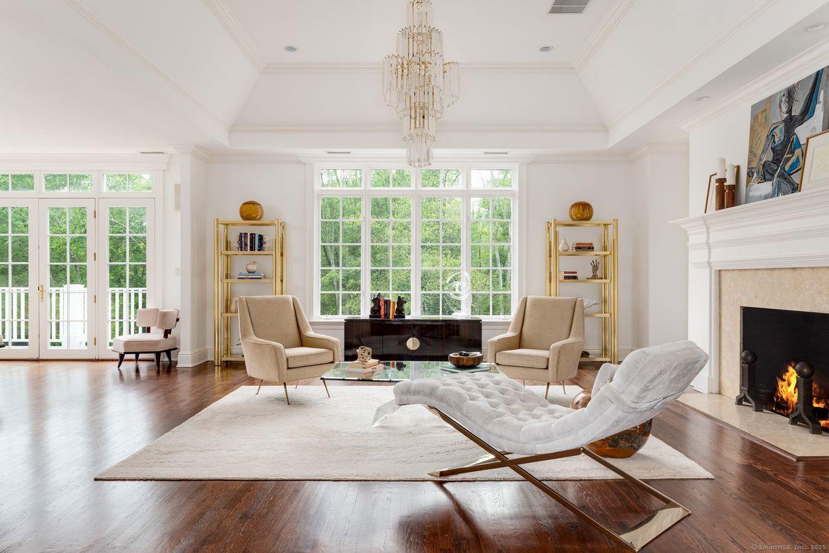 Chandelier, Fireplace, Interior, Living room, Recessed Lighting, Wood Texture Flooring