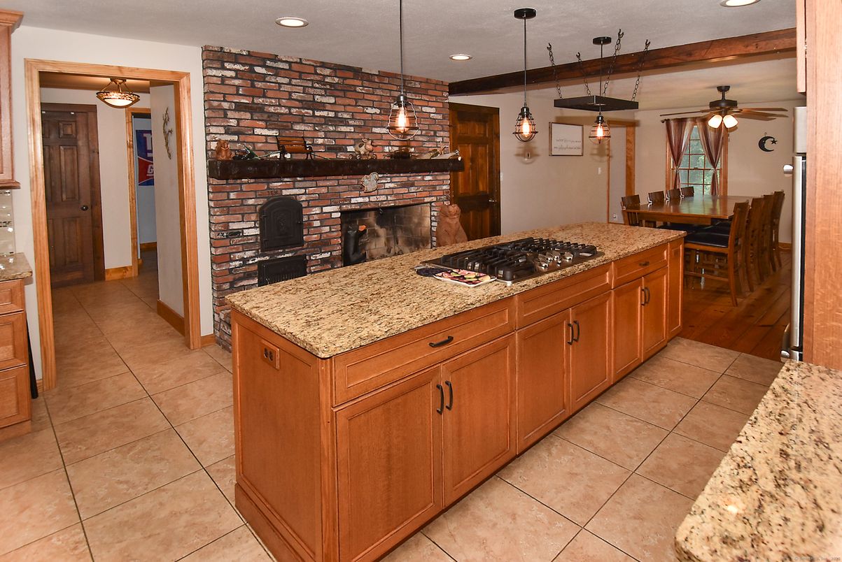 Dining room, Fireplace, Interior, Kitchen, Pendant Lights, Recessed Lighting, Stone Walls