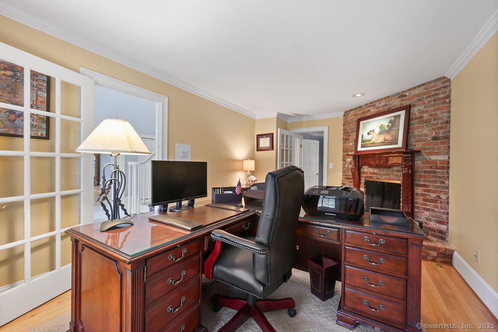 Fireplace, Home Office, Interior, Recessed Lighting, Stone Walls, Wood Texture Flooring