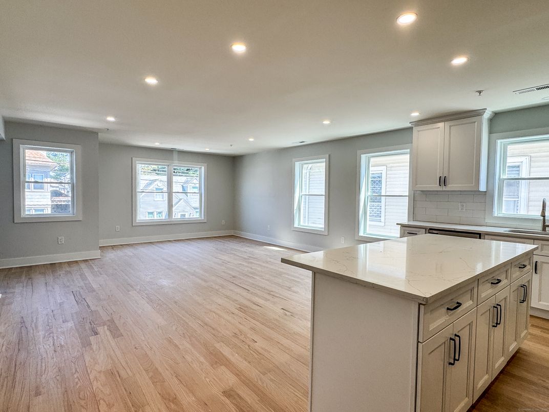 Empty room, Interior, Kitchen, Recessed Lighting, Wood Texture Flooring