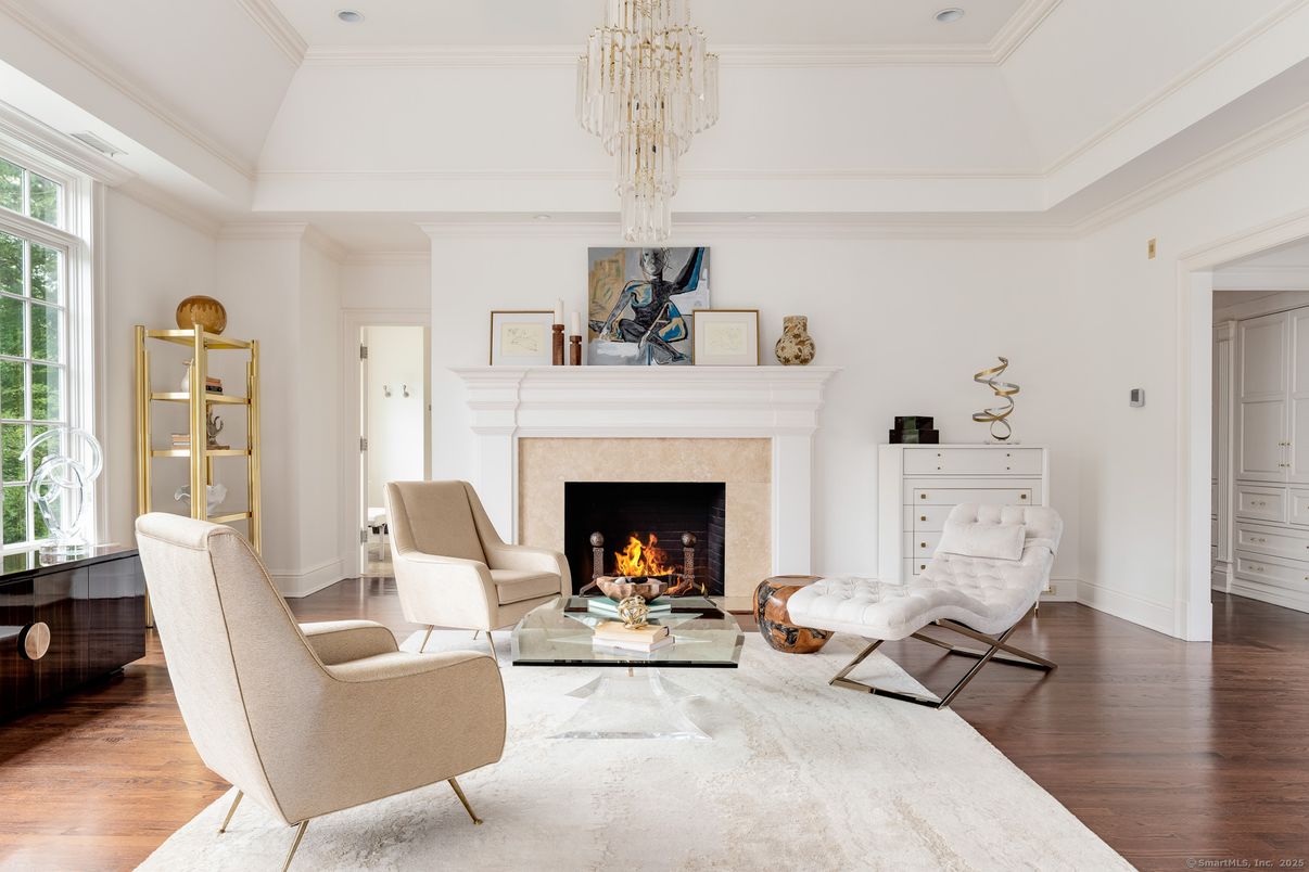 Chandelier, Fireplace, Interior, Living room, Recessed Lighting, Wood Texture Flooring