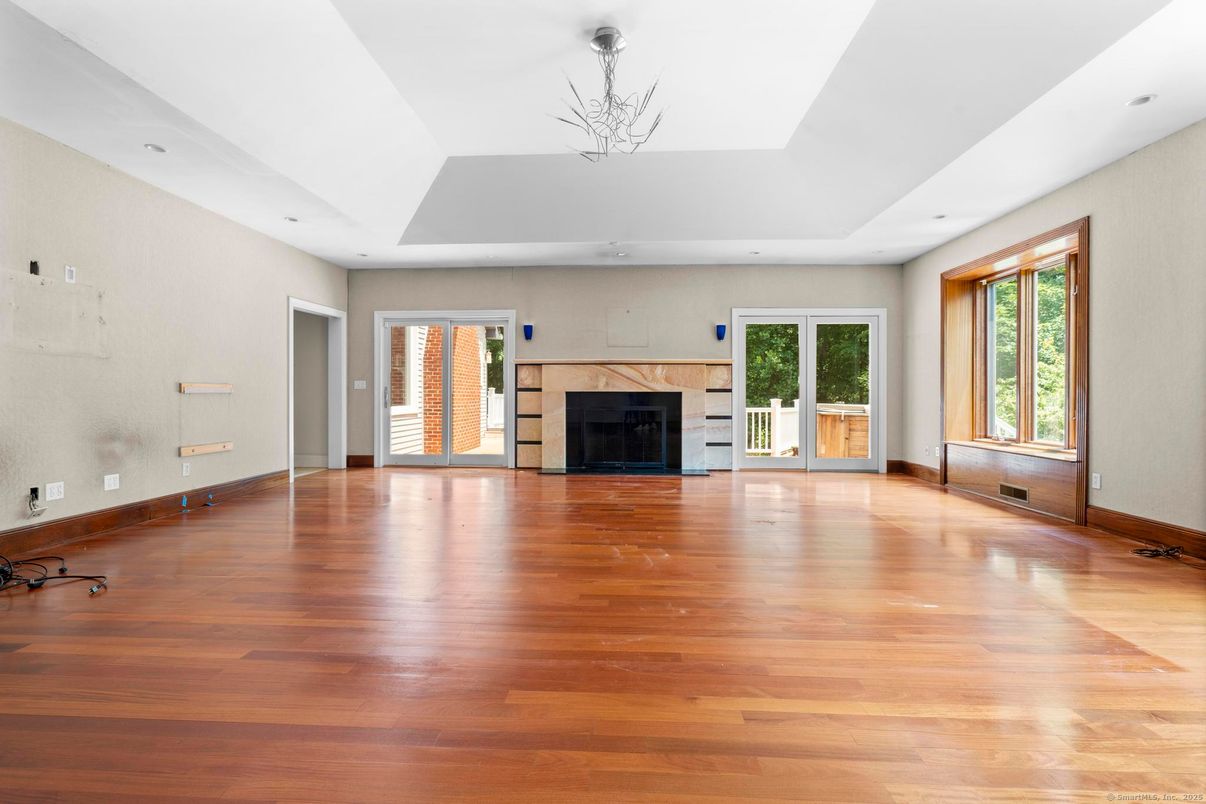 Empty room, Fireplace, Interior, Recessed Lighting, Wood Texture Flooring