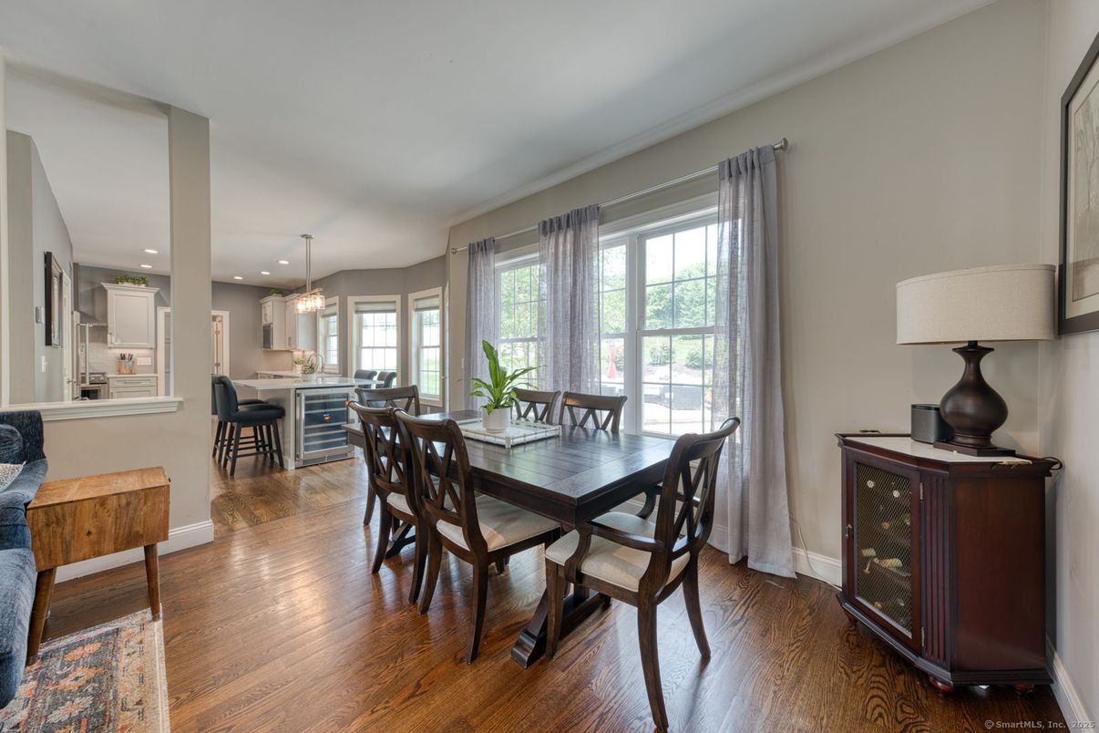 Dining room, Interior, Pendant Lights, Recessed Lighting, Wood Texture Flooring