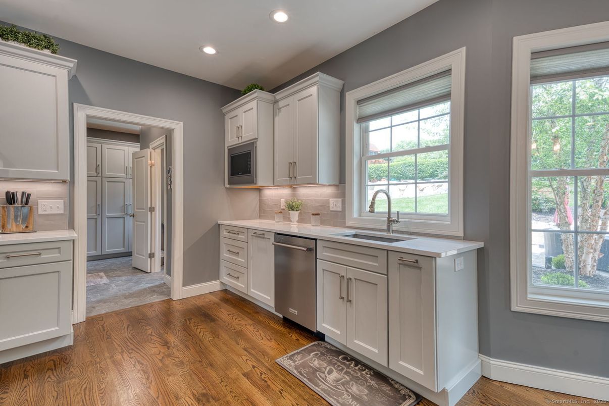 Interior, Kitchen, Recessed Lighting, Stainless Steel Appliances, Wood Texture Flooring