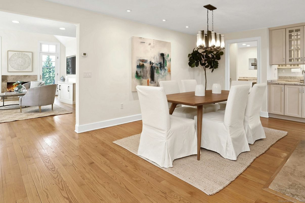 Dining room, Fireplace, Interior, Living room, Pendant Lights, Recessed Lighting, Wood Texture Flooring