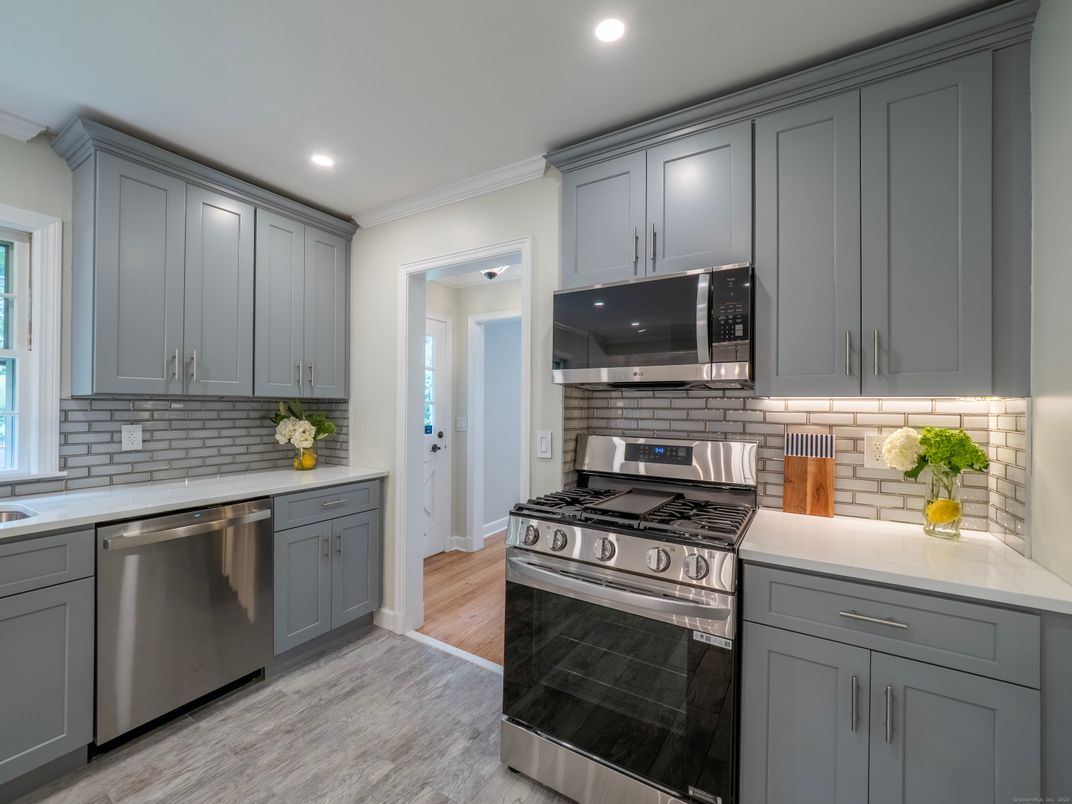Interior, Kitchen, Recessed Lighting, Stainless Steel Appliances, Wood Texture Flooring