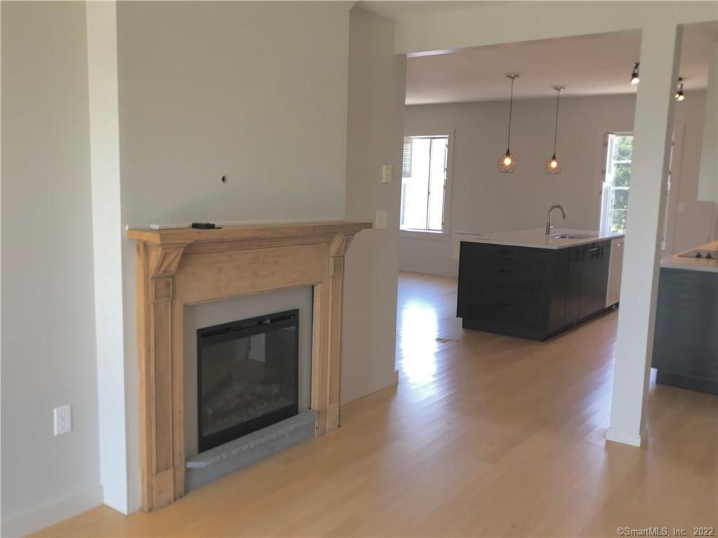 Fireplace, Interior, Kitchen, Pendant Lights, Wood Texture Flooring
